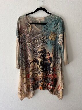 CACTUS Y2K WILD WEST COWGIRL RHINESTONE TUNIC TOP M 3/4 SLEEVE WESTERN BLING
